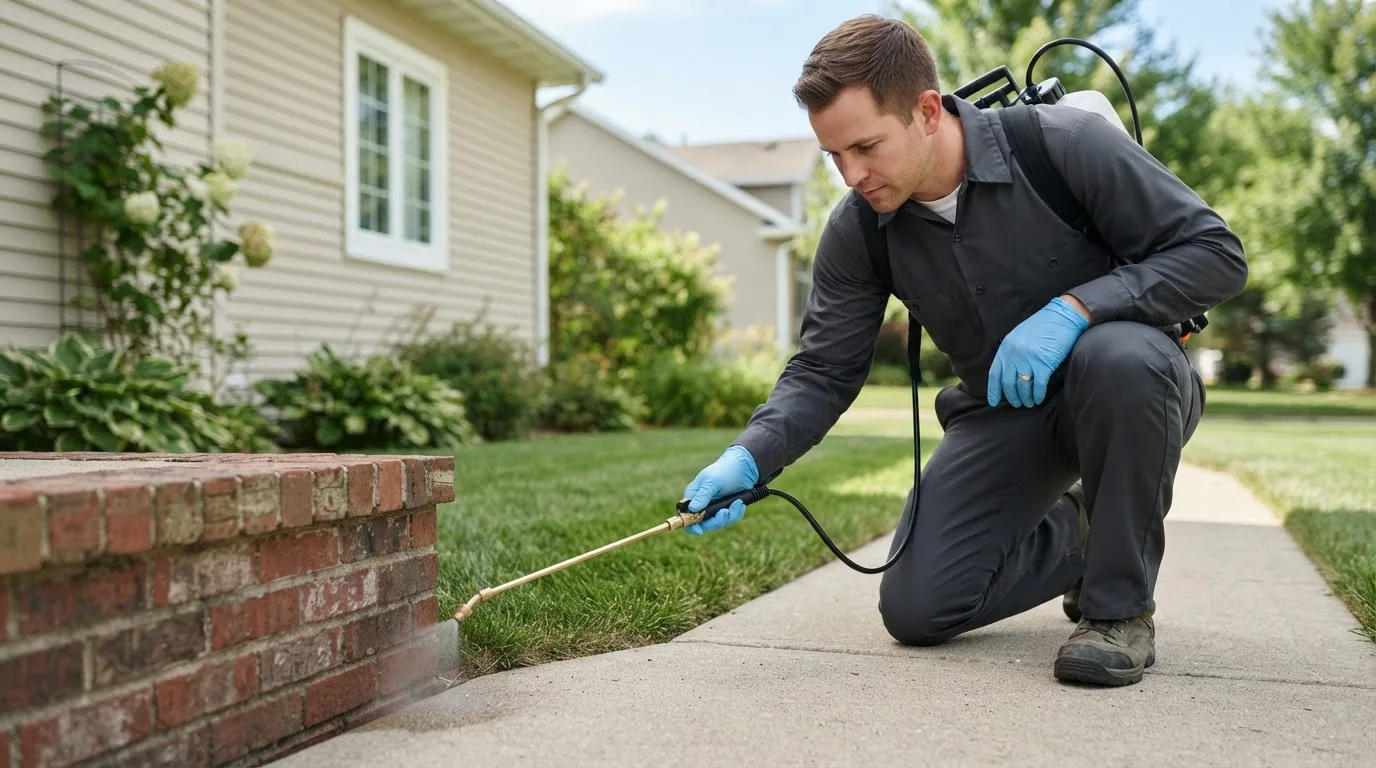 Pest control technician treating a home near Hoople, ND