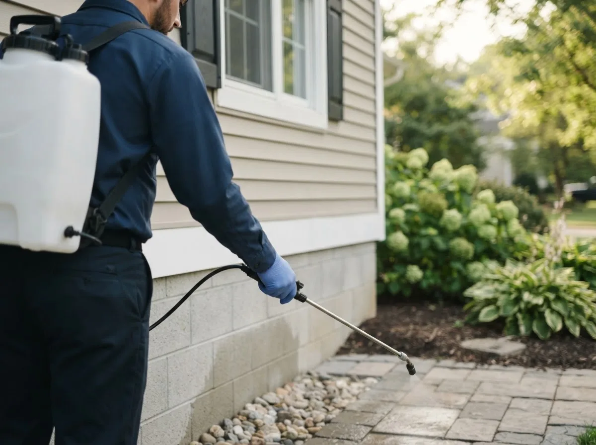 Pest control technician inspecting a home in Hoople, ND